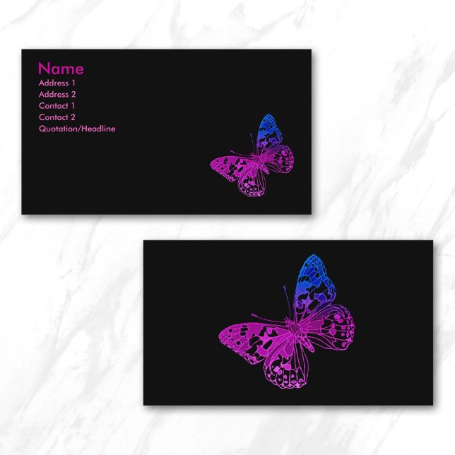Cartão De Visita Borboletas Ombre Coloridas Minúsculas Pretas (Hot Pink Purple Blue Gradient Butterflies Business Card)