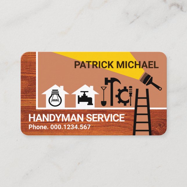Cartão De Visita Borda de Ferramentas de Construção na Madeira (Frente)