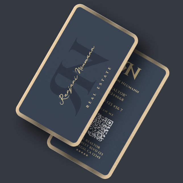 Cartão De Visita Borda Dourada Azul Azul de Carvão do Realtor Mínim (Minimal Realtor Charcoal Blue Faux Gold Border Business Card
)