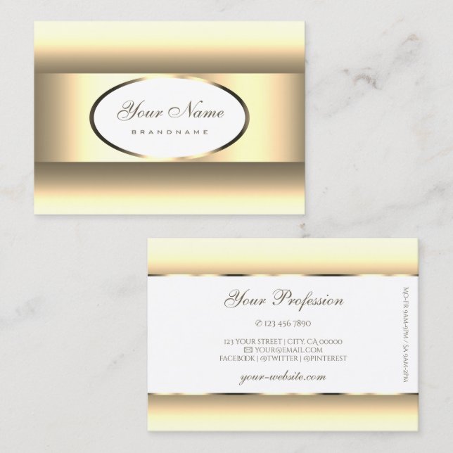 Cartão De Visita Borda Dourada de Oval Branco e Creme (Frente/Verso)