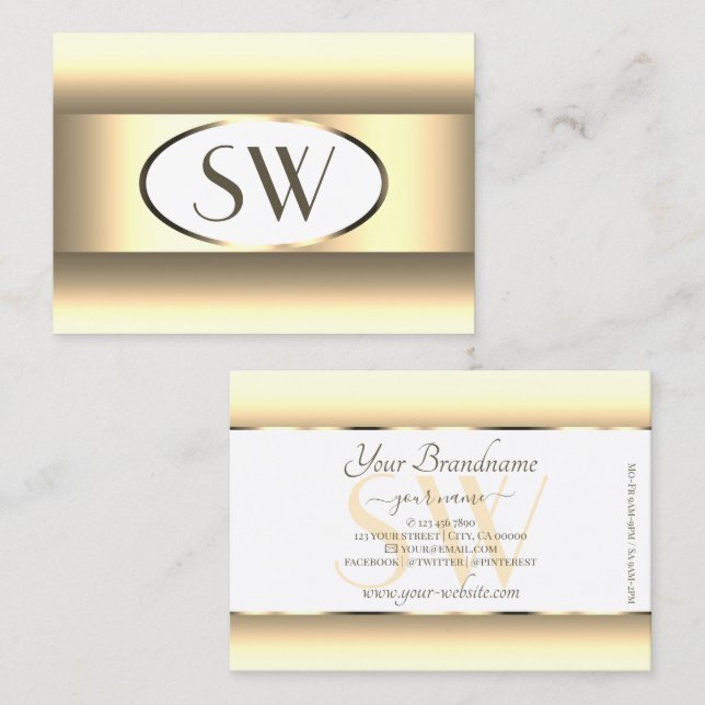 Cartão De Visita Borda Dourada leve do Mumbre Branco Monograma Mono (Frente/Verso)