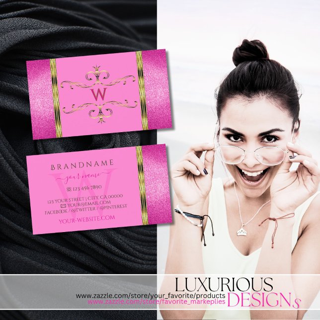 Cartão De Visita Borda Dourada rosa brilhante Ornamental com Monogr (Criador carregado)