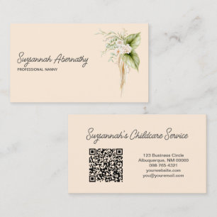 Cartão De Visita Borda Floral Direita Frontal Elegante Código QR Tr