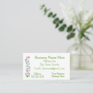 Cartão De Visita Borda Floral Rosa Verde Azul Aquarela