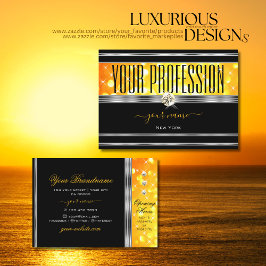 Cartão De Visita Borda prateada de diamantes em laranja preto moder