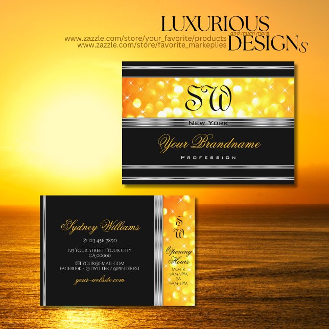 Cartão De Visita Borda prateada do Monograma Laranja Negro Moderno (Criador carregado)