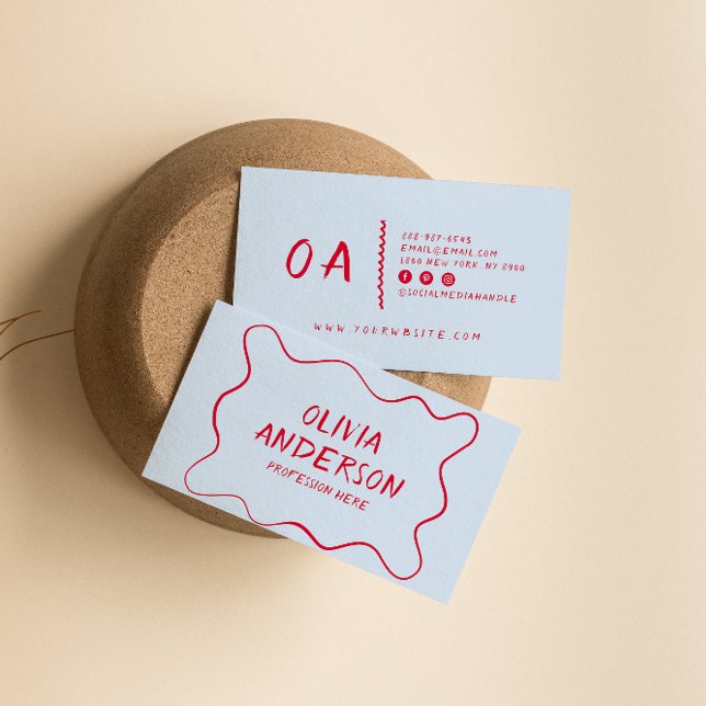 Cartão De Visita Borda Única de Boho Escrito com Mão Vermelha Azul  (Criador carregado)