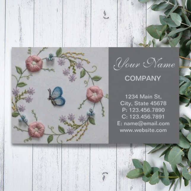Cartão De Visita bordado azul-claro-de-menta Embroiderme Borboleta  (mint green pink Embroidery Floral blue Butterfly Business Card)