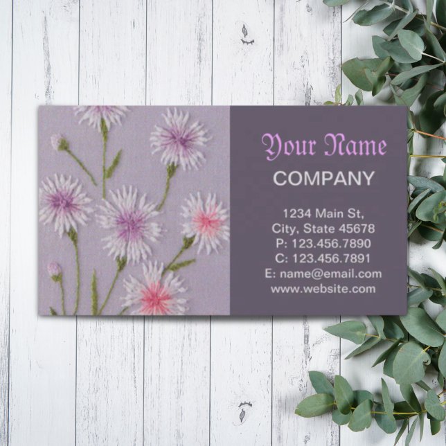 Cartão De Visita bordado púrpura giro-lilac margarida branca floral (cute lilac purple embroidery floral white daisy business card)