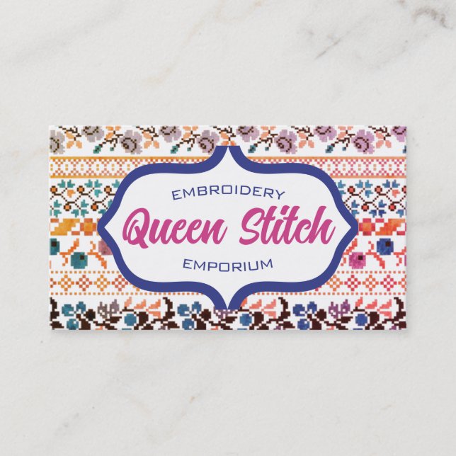 Cartão De Visita Bordados de pixel cruzados flores azuis (Frente)