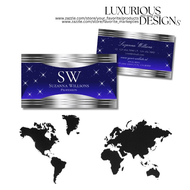 Cartão De Visita Bordas Azuis do Céu Noturno com Monograma (Criador carregado)