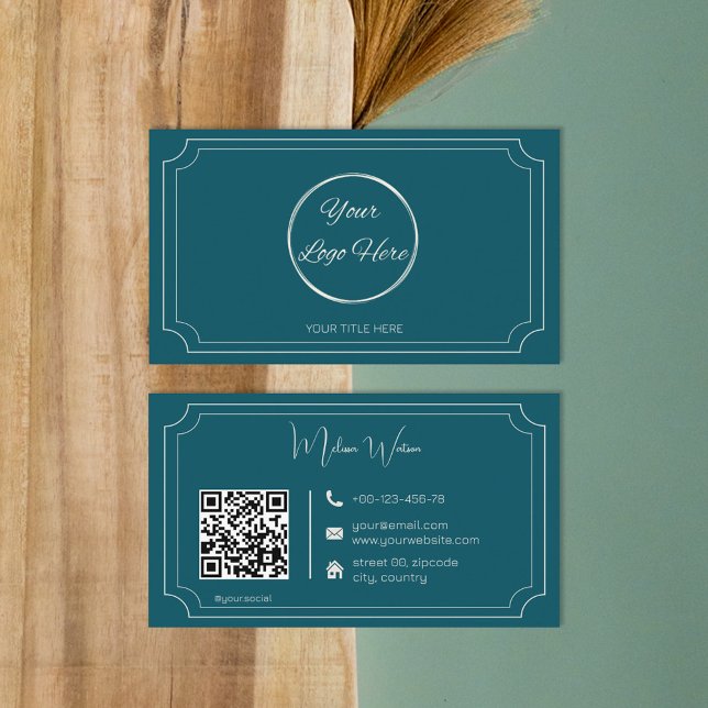 Cartão De Visita Bortique de código QR azul-gasolina de vinheta (Criador carregado)