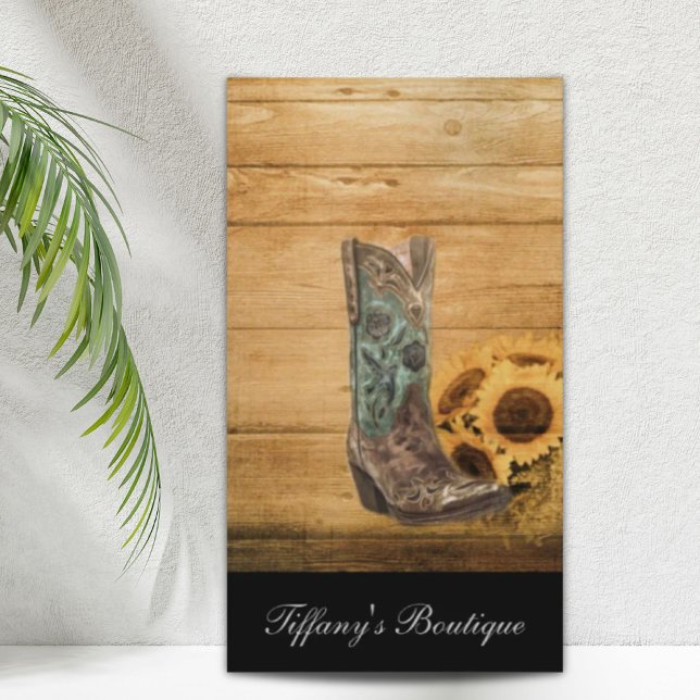 Cartão De Visita Bota de girassol do País Ocidental com tempo (Weathered Western Country sunflower cowboy boot Business Card)