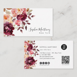 Cartão De Visita Bouquet Floral em Aquarela Burgundy & Logotipo Cód