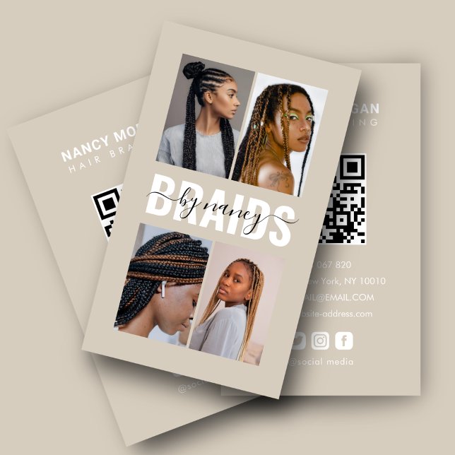 Cartão De Visita Braids Calligraphy Script Photo Collage Beige  (Criador carregado)