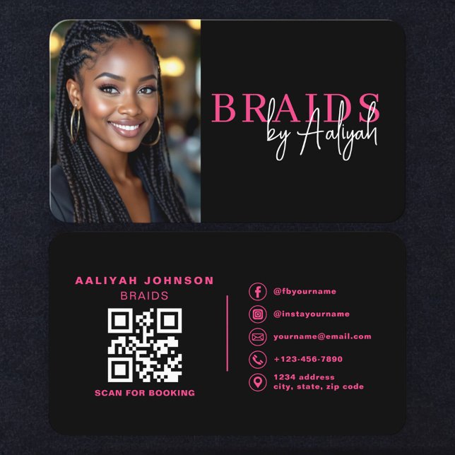 Cartão De Visita Braids Hair Stylist Photo QR Code (Criador carregado)