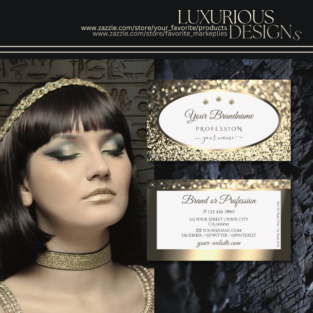 Cartão De Visita Branca brilhante e cintilante Dourada com joias (Criador carregado)