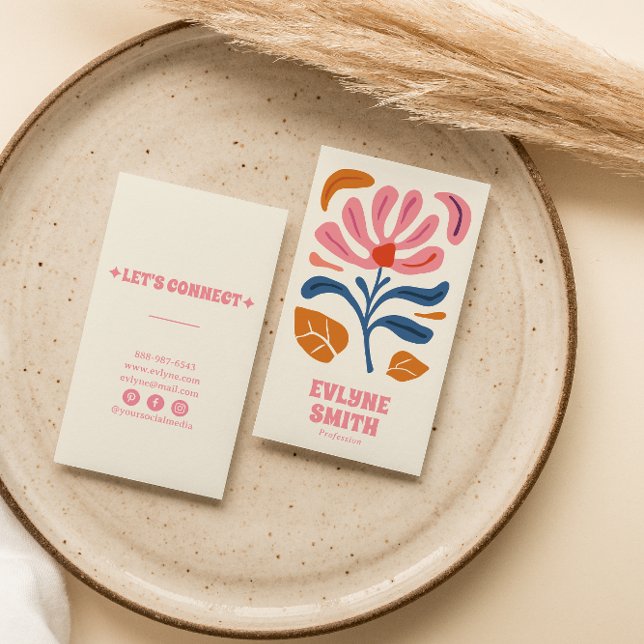 Cartão De Visita Branca De Boho Floral De Mão Retrorrosado (Criador carregado)
