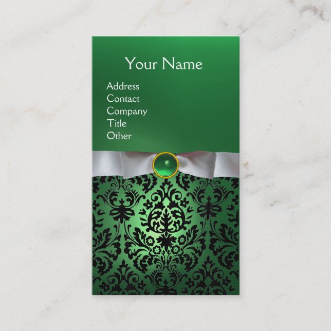 Cartão De Visita BRANCO DAMASK RIBBON MONOGRAMA GEM verde (Frente)