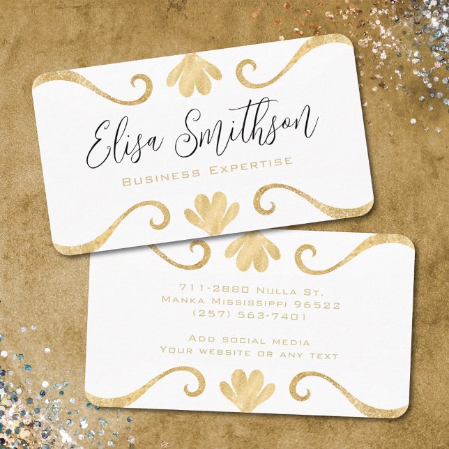 Cartão De Visita Branco e Dourado Floral Simples e Elegante Feminin (Criador carregado)