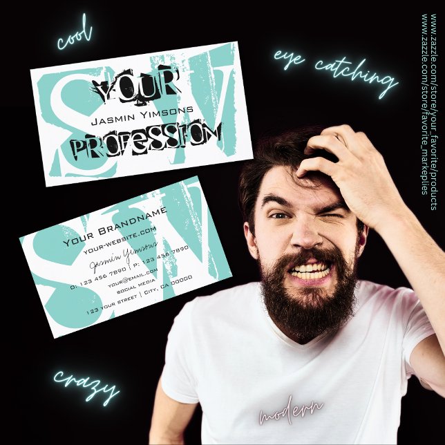 Cartão De Visita Branco e Preto Teal Moderno com Na moda Monograma (Criador carregado)