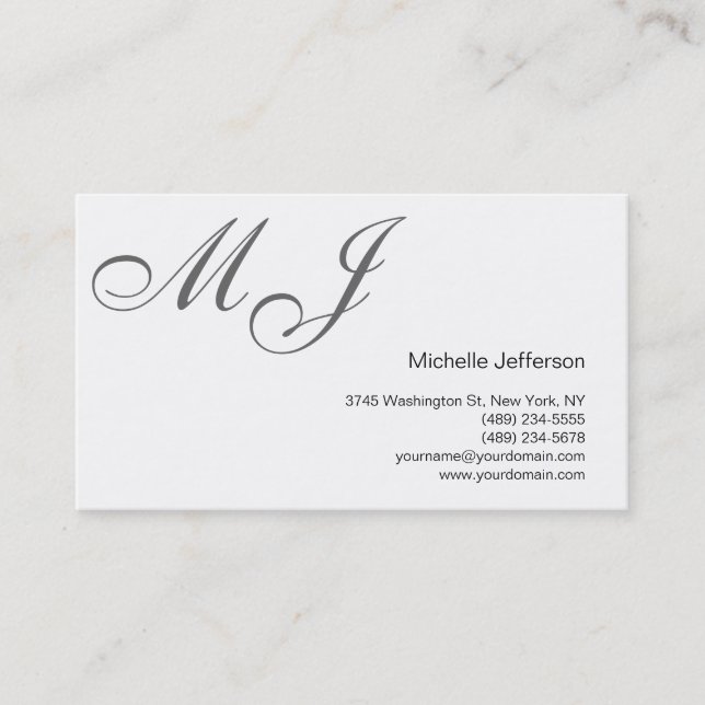 Cartão de visita Branco Monograma Único Chic (Frente)