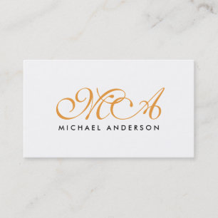 Cartão De Visita Branco plano de script elegante monograma laranja