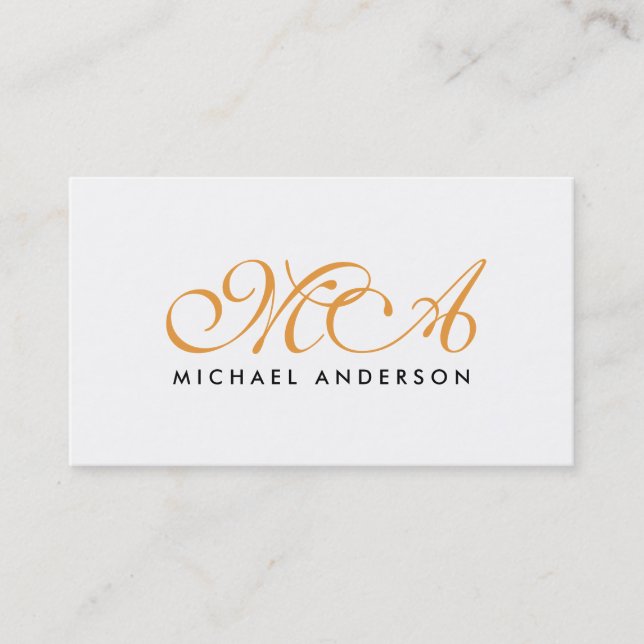 Cartão De Visita Branco plano de script elegante monograma laranja (Frente)