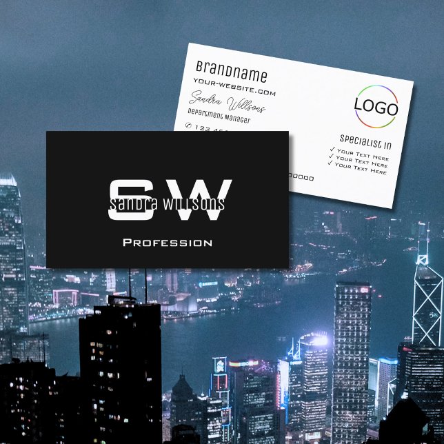 Cartão De Visita Branco preto comum moderno com monograma e logotip (Criador carregado)