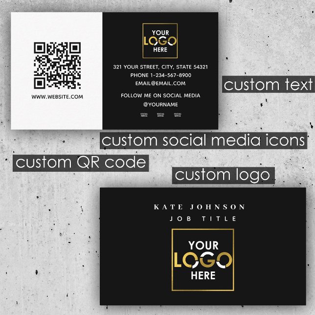 Cartão De Visita Branco preto moderno faça negócios com seu logotip (Modern Black White Business Your Logo Here QR Code Business Card)