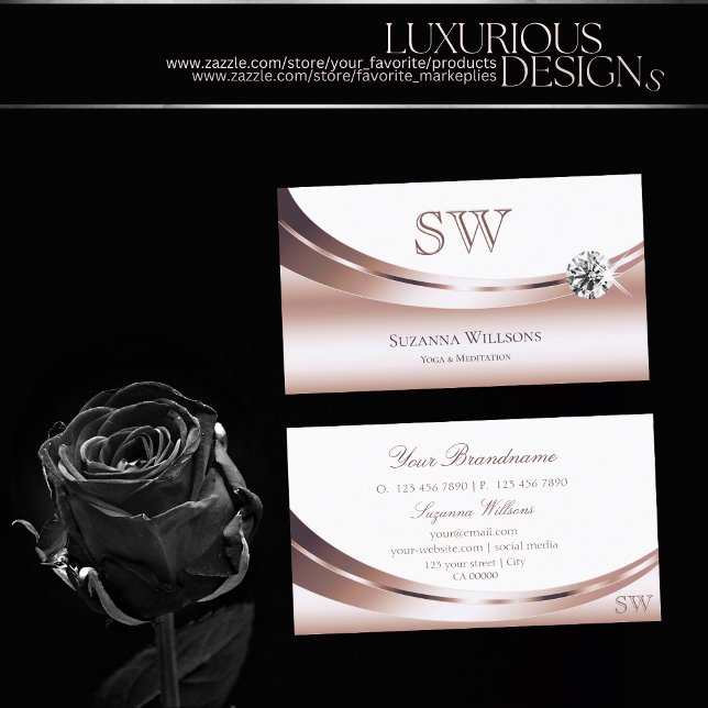 Cartão De Visita Branco Rosa Chic Dourado com Diamante Sparkle Mono (Criador carregado)