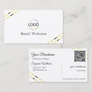 Cartão De Visita Branco Simples com Linhas de Ouro Logotipo e Códig
