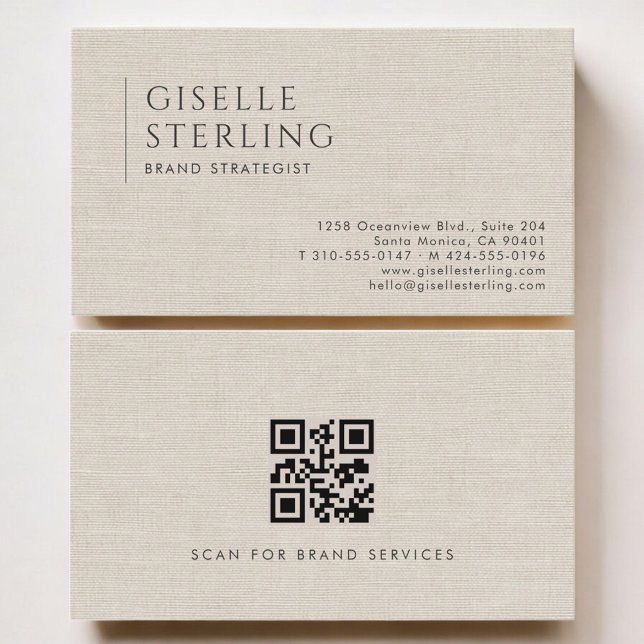Cartão De Visita Brand Strategist Luxury Neutral Linen QR Code (Criador carregado)