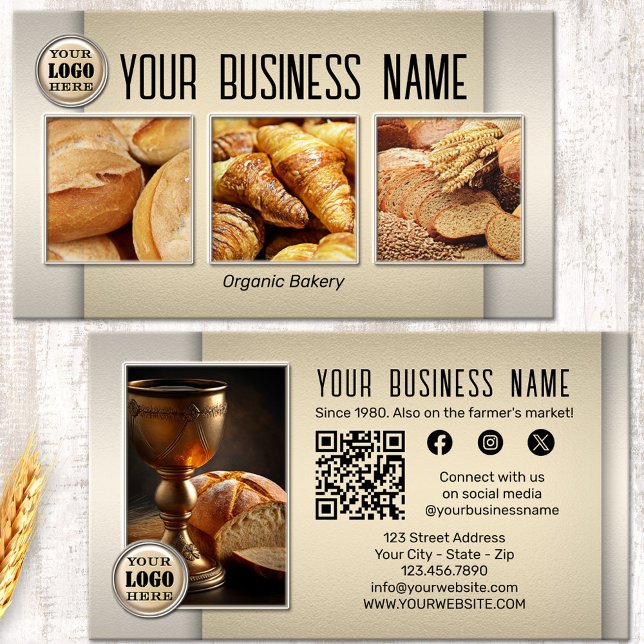 Cartão De Visita Bread Bakery QR Code Foto de Mídia Social (Bread bakery business card featuring your custom images on a stylish design in light earth colors)