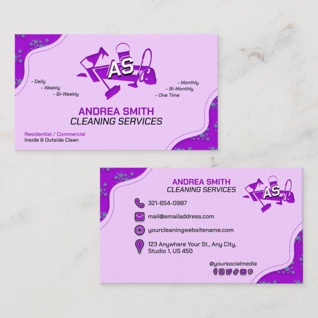 Cartão De Visita Bright Girly Purple Clearing Services Logo Cute (Frente/Verso)