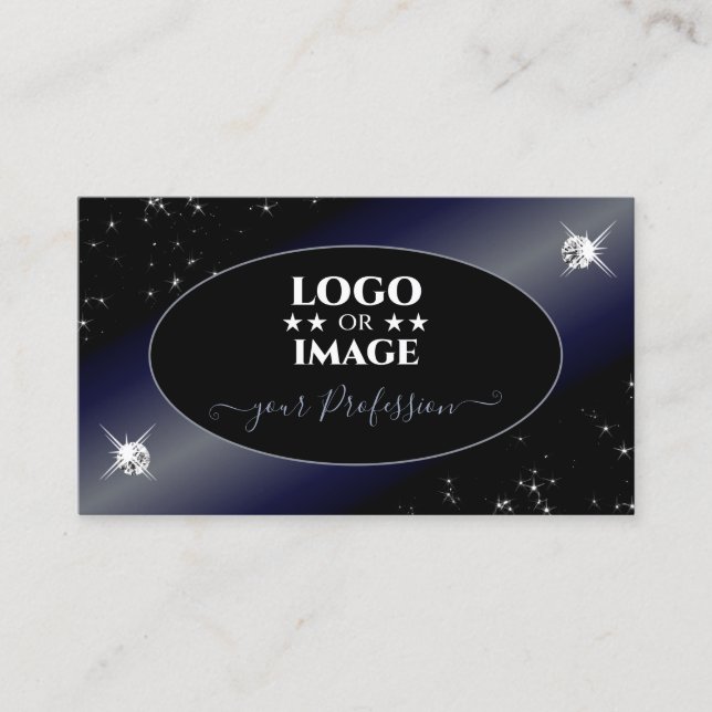 Cartão De Visita Brilhante azul-negro Nobre estende diamantes com l (Frente)