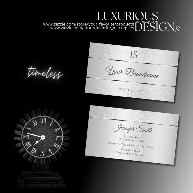 Cartão De Visita Brilhante de Prata Leve e Brilhante e Iniciais (Criador carregado)