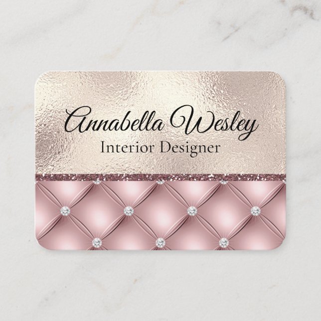 Cartão De Visita Brilhante rosa elegante e diamantes em folha de ou (Frente)