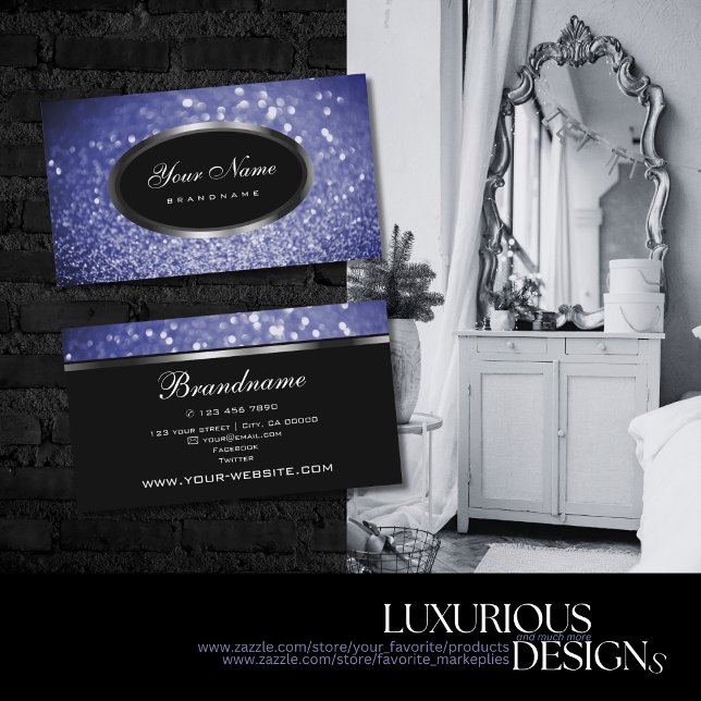 Cartão De Visita Brilho Azul Preto e Forma Oval Prateada (Criador carregado)