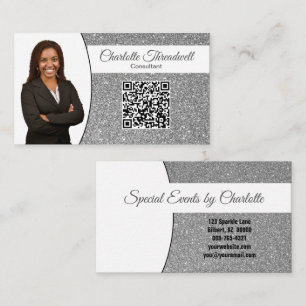 Cartão De Visita Brilho de Prata Profissional QR de Foto Personaliz