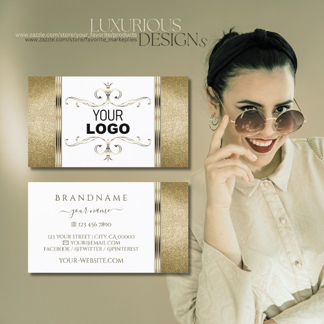 Cartão De Visita Brilho do Ouro de ornamentos branco e Dourado com  (Criador carregado)