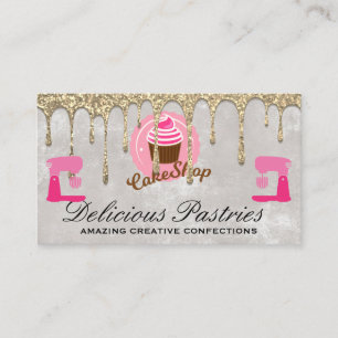 Cartão De Visita Brilho Dourado de Gotejamento Bolo de Cupcake
