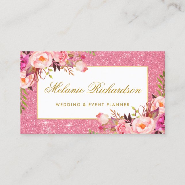 Cartão De Visita Brilho floral do rosa elegante da aguarela (Frente)