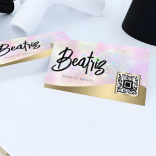 Cartão De Visita Brilho holográfico feminino rosa elegante dourado