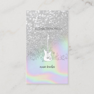 Cartão De Visita Brilho holográfico moderno em prata, Guitarra, Bok