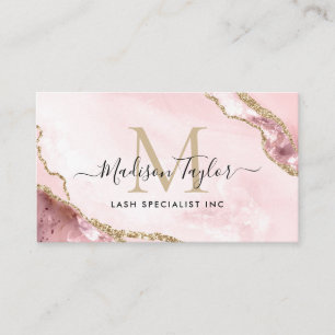 Cartão De Visita Brilho Rosa Dourado Glitter Mármore Ágata Monogram