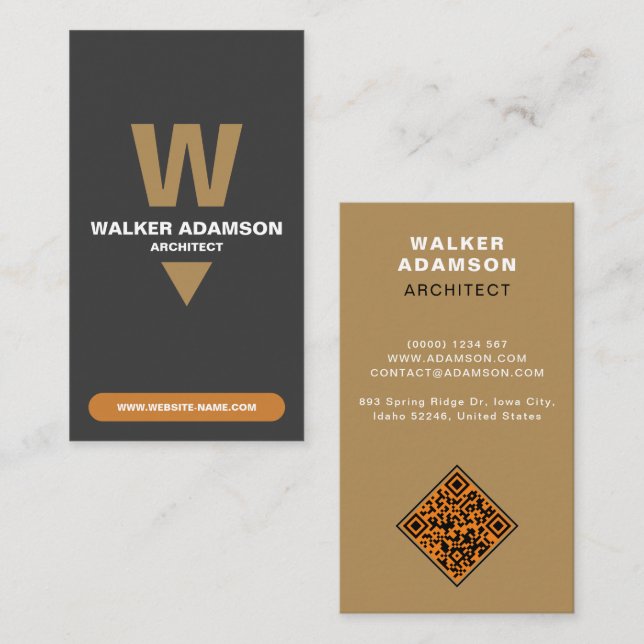 Cartão De Visita Bronze Moderno (QR Monograma) e Preto Matriz (Frente/Verso)