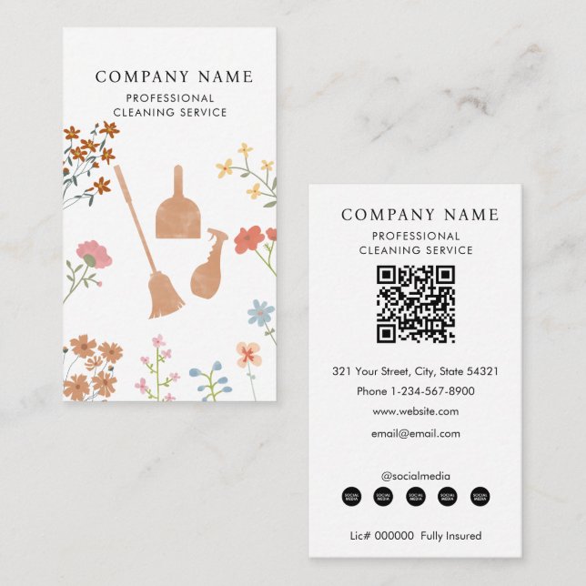 Cartão De Visita Broom Dustpan Floral Professional Cleaning Service (Frente/Verso)