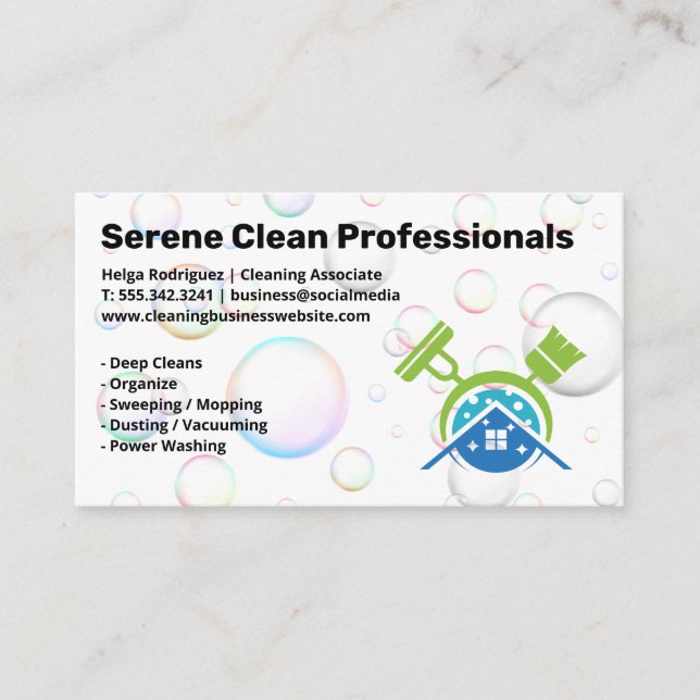 Cartão De Visita Broom Mop | Serviço doméstico | Bolhas de sabão (Frente)
