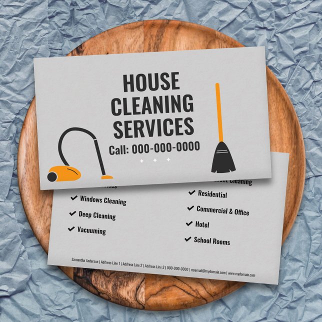 Cartão De Visita Broom & Vacuum - Serviços de limpeza de casas (Broom & Vacuum - House Cleaning Services Business Card)